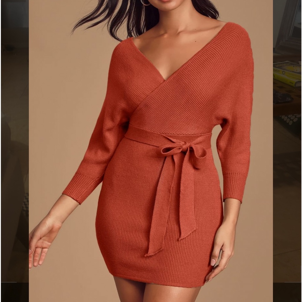 Dark orange sweater dress with wrap tie